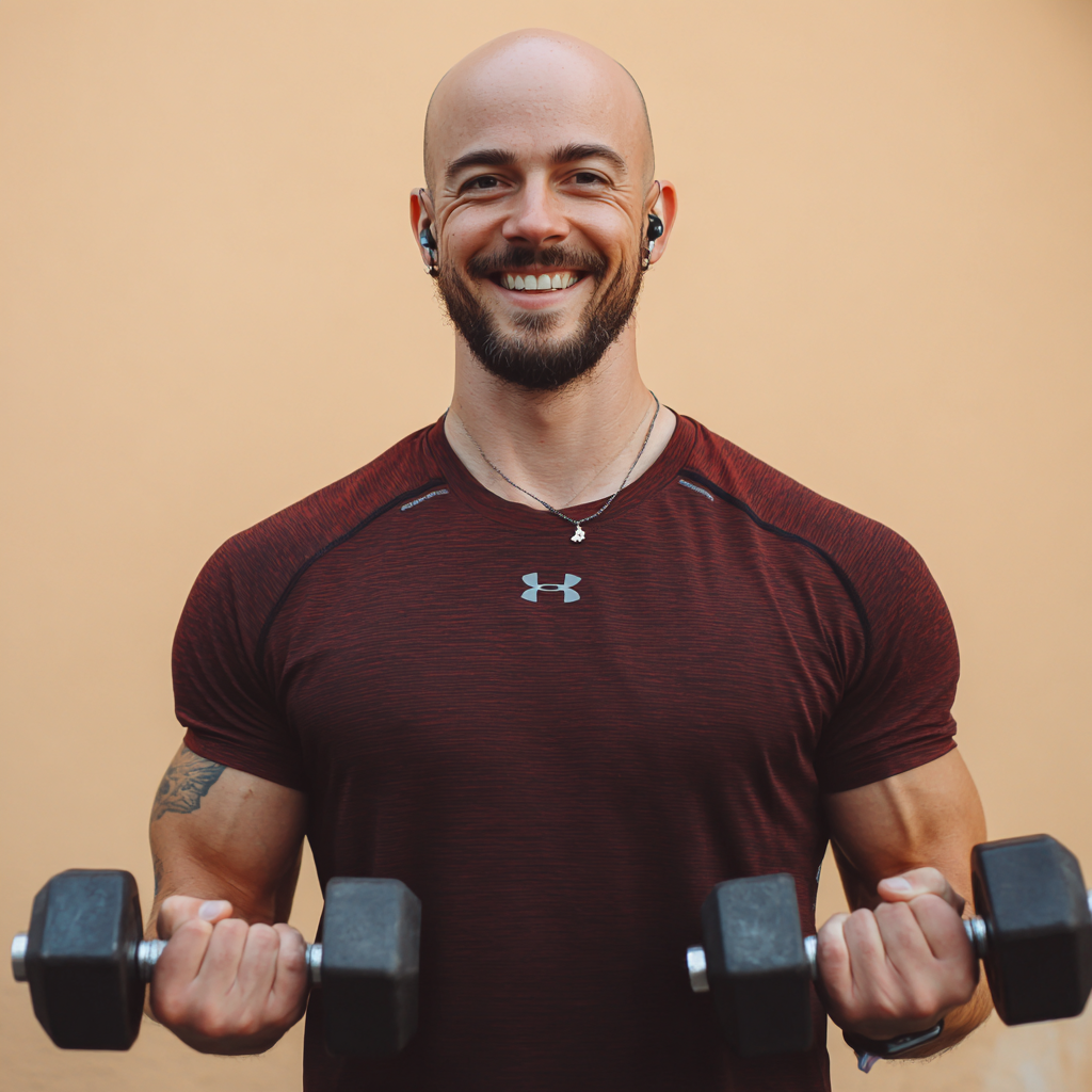 Bărbat român zâmbind relaxat după un antrenament echilibrat, demonstrând satisfacție și energie pozitivă