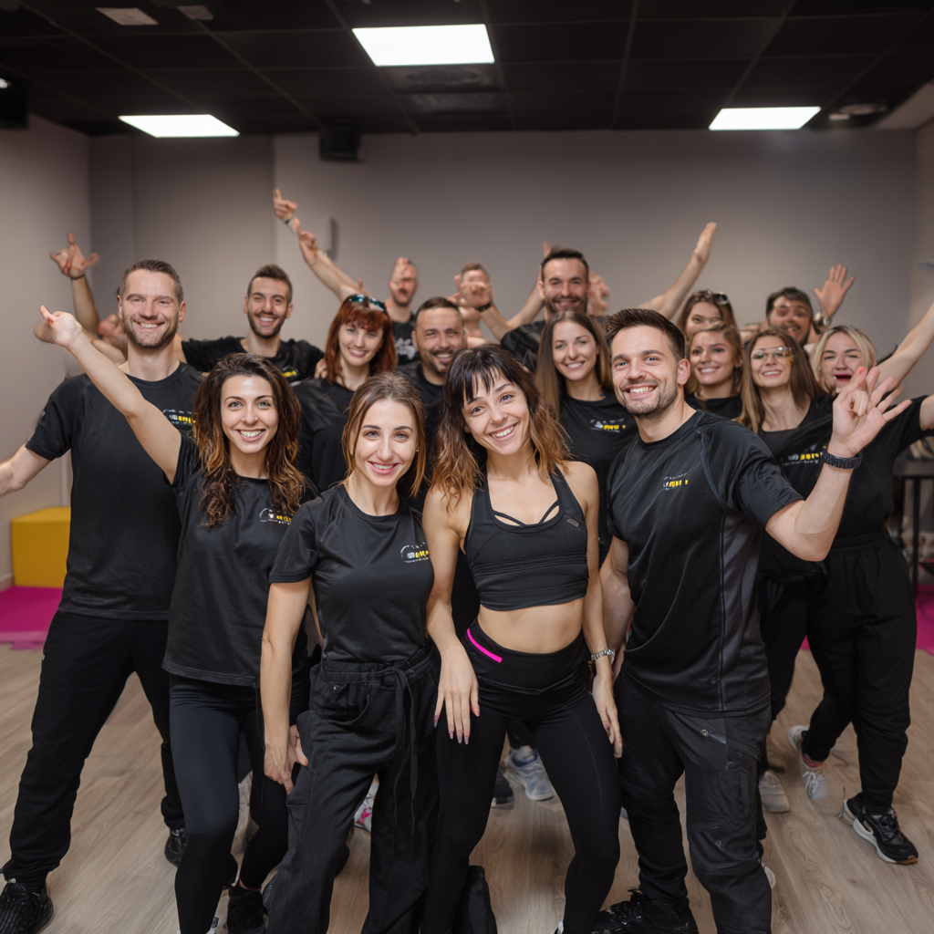 Persoană româncă zâmbind în timp ce face o pauză activă la birou, demonstrând vitalitate și bunăstare